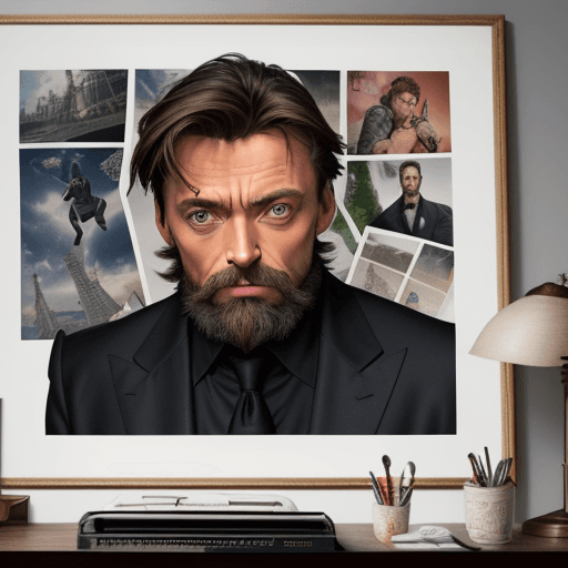 AI generated: Hugh Michael Jackman est un brocanteur celebre 
 il regarde la plan du monde affichée sur le mur de ...