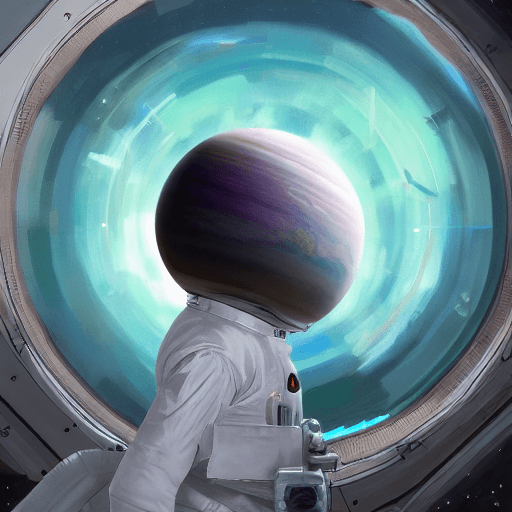 AI generated: hyperrealistic | digital painting | human | in a space station | full view | eye level | planet in b...