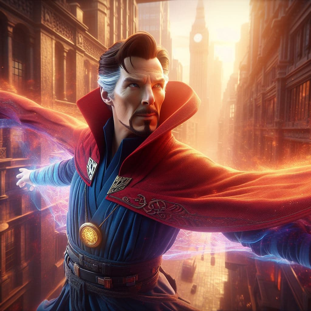 AI generated: Doctor Strange with his levitating cape in motion, octane render, 8k, raytracing
