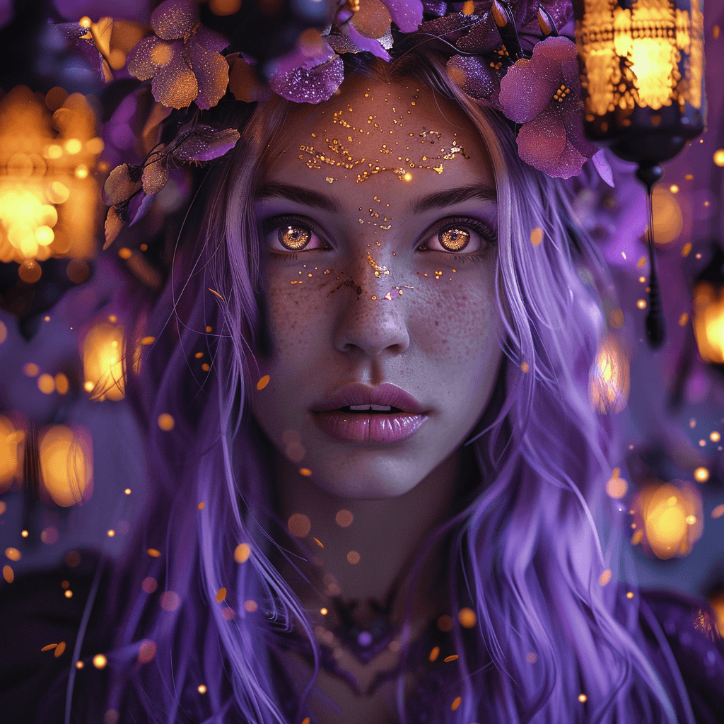 AI generated: A portrait of a mythical queen with lavender hair and eyes like molten gold, surrounded by floating ...