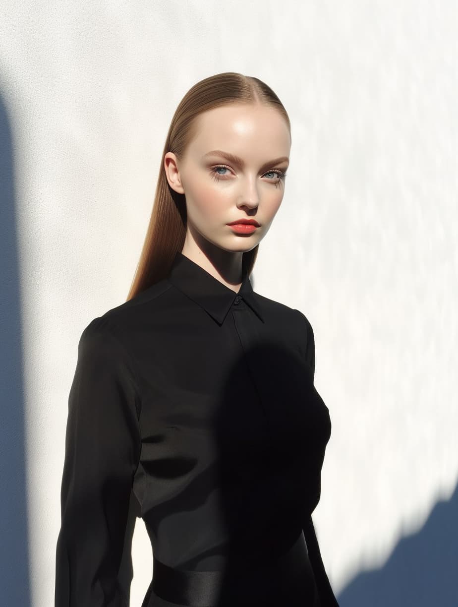 AI generated: a woman standing in front of a white wall, inspired by Vanessa Beecroft, tumblr, hyperrealism, hair ...