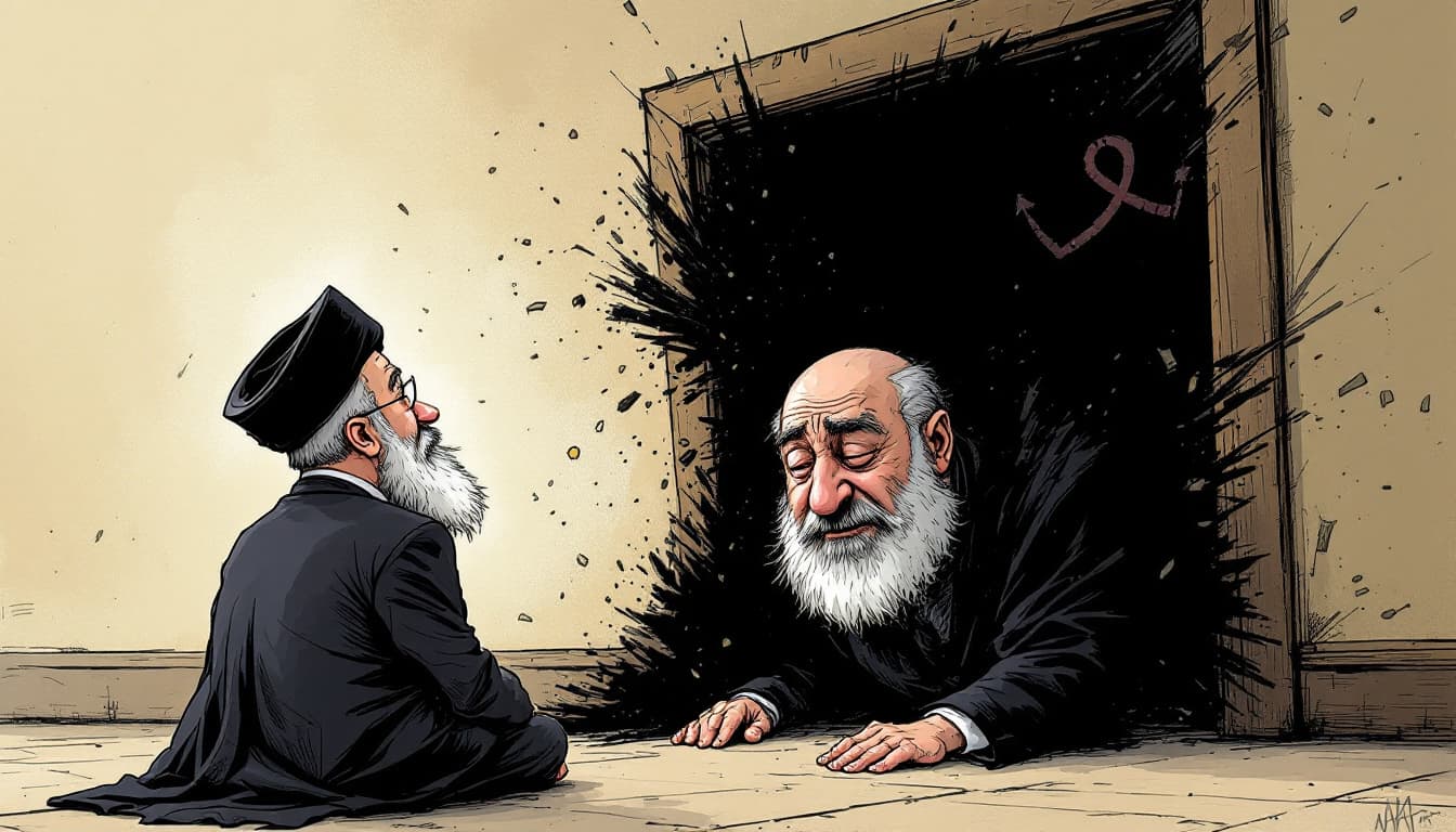 AI generated: Ali Khamenei, thrown out of the door, he is very depressed and lust, illustration, cartoon, 
