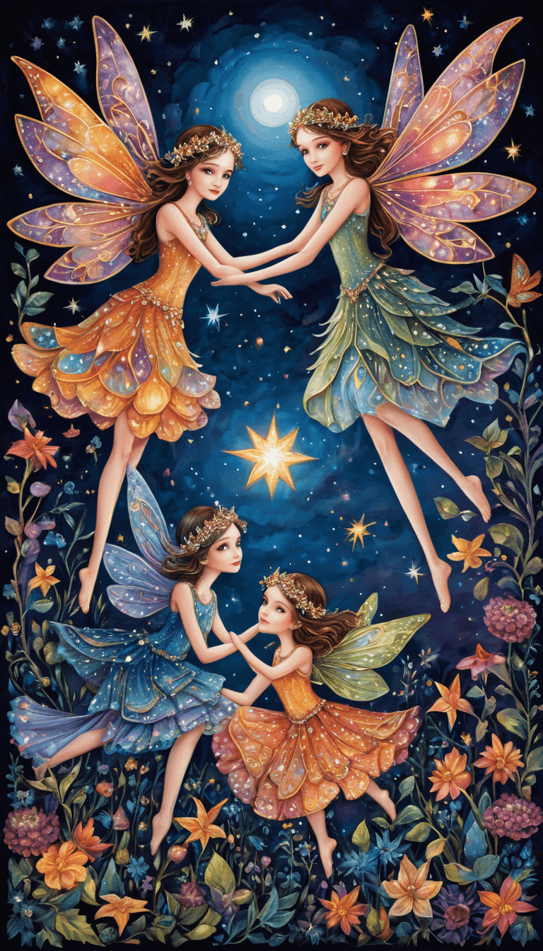 AI generated: Enchanted nocturnal gathering of gemstone fairies and mischievous star-eyed creatures, set against a...