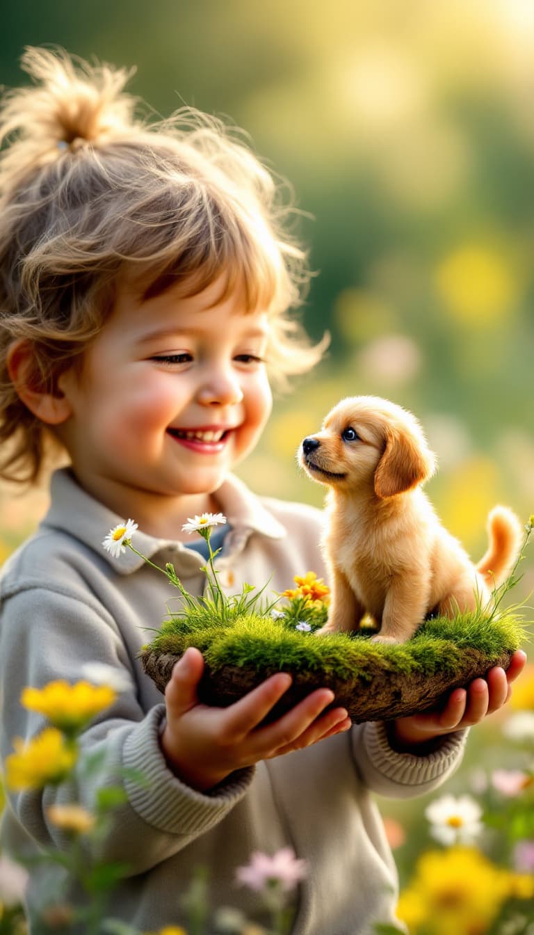 AI generated: A hyper-realistic image of a happy toddler holding a miniature garden scene, where a tiny golden ret...