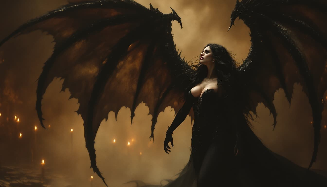 AI generated: heavy brown haze darkness atmosphere, full body of profile beautiful queen vampire, black long hair,...