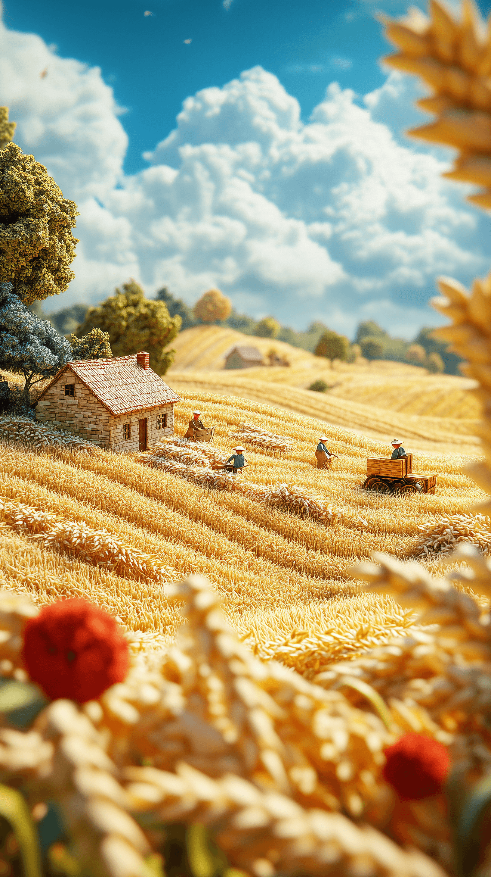 AI generated: 3D miniature scene, summer, countryside, endlessfield , several farmers are harvesting wheat,they ar...
