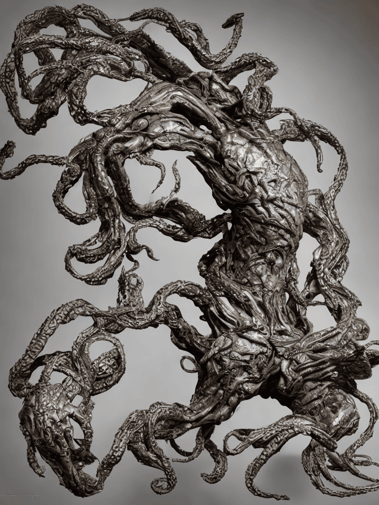 AI generated: Long shot full body medusa, The skin was stretched all over the body. It had chicken legs and iron w...