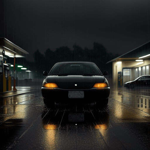 AI generated: "Picture a captivating scene: a car quietly parked near a petrol pump on a rainy night. The soft glo...