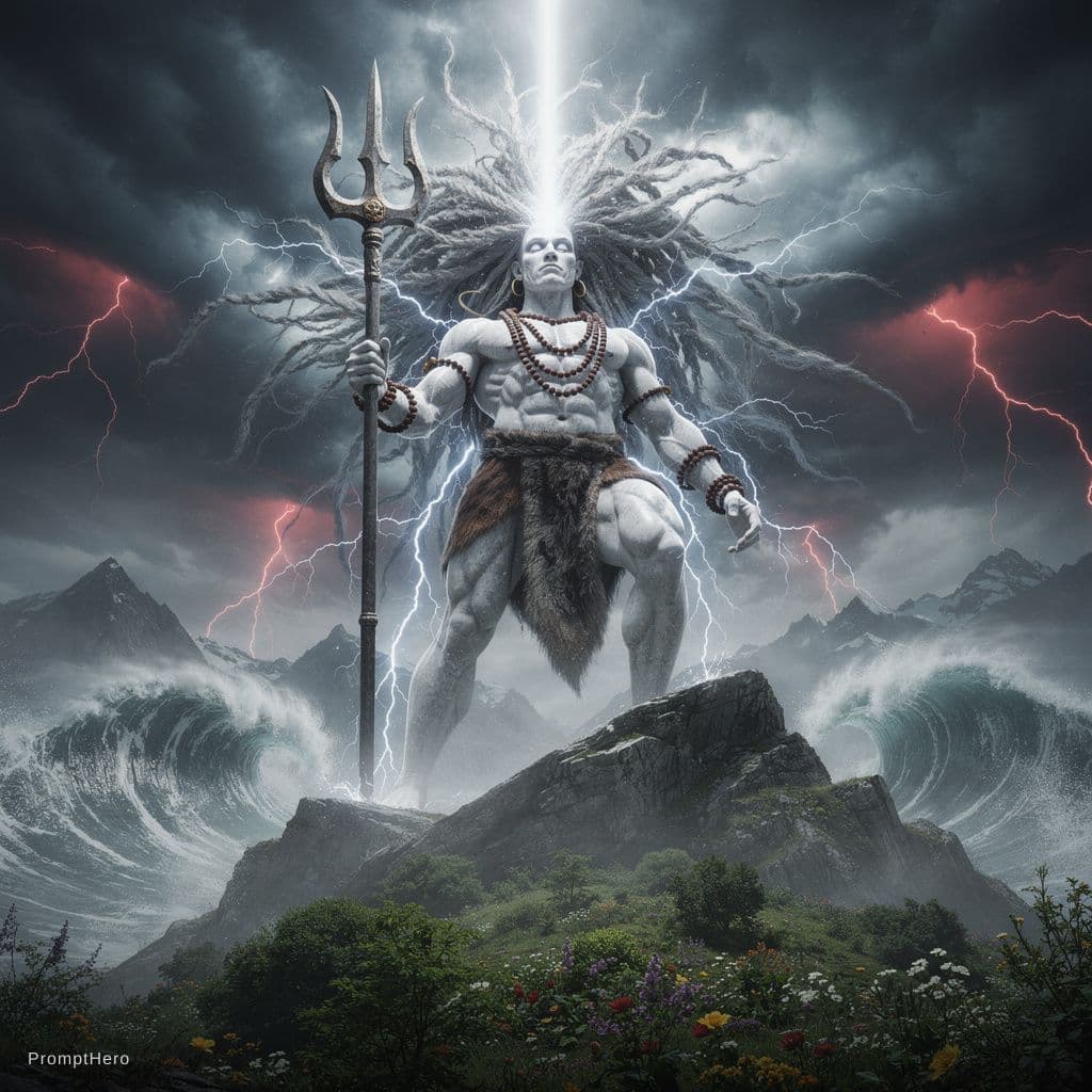 AI generated: "Full-body cinematic POV Hollywood shot of a colossal, mountain-sized Jatadhari Mahakal (Lord Shiva)...