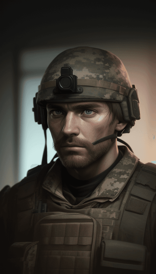 AI generated: A man soldier gazing at the camera, PMC Call of Duty, Escape from Tarkov, volumetric lighting, diffu...