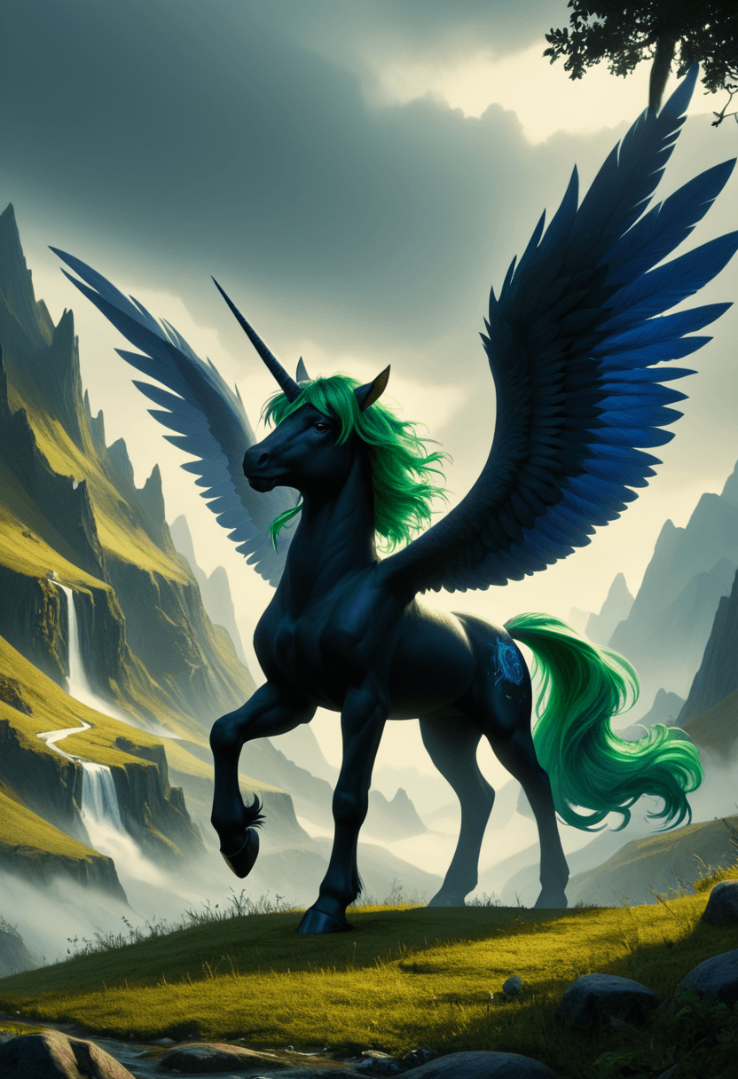 AI generated: Strong alicorn,dark blue hair with green mane and tail,dynamic colors,fantasy landscape setting,high...