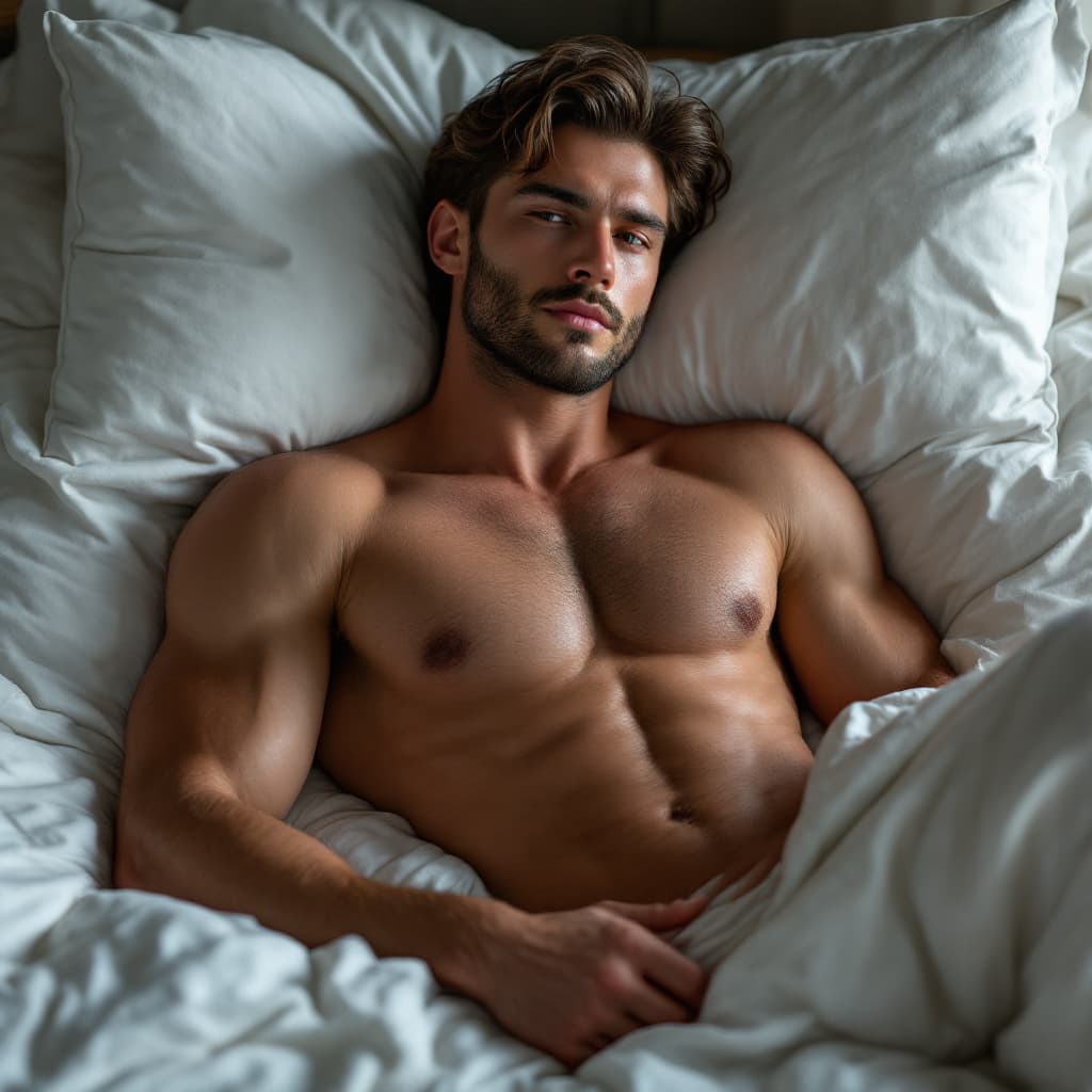AI generated: male model naked laying on bed ,bulge 