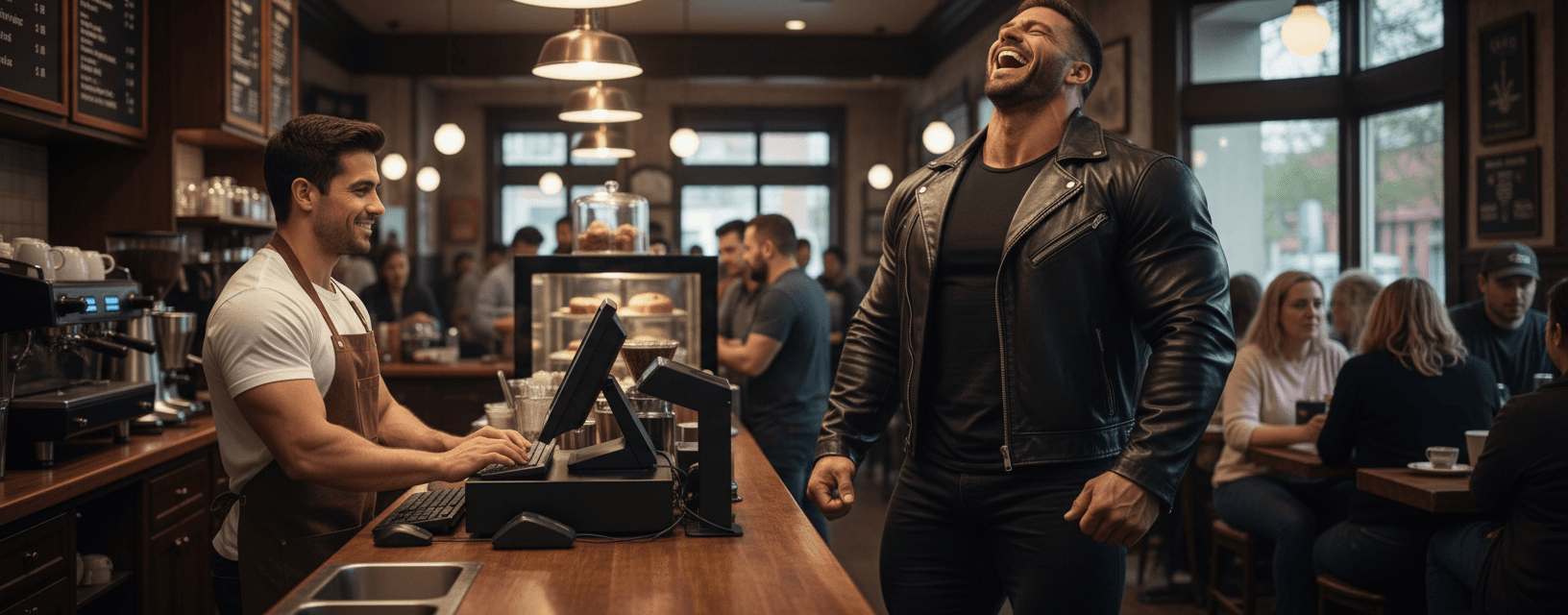 AI generated: Male Hispanic barista 5'2" tall, at a coffee shop behind the counter typing on the computer-register...