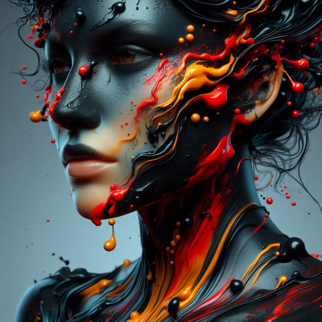 AI generated: A woman with black red and orange paint on her face, fluid, hyper-realistic details, color splash, p...