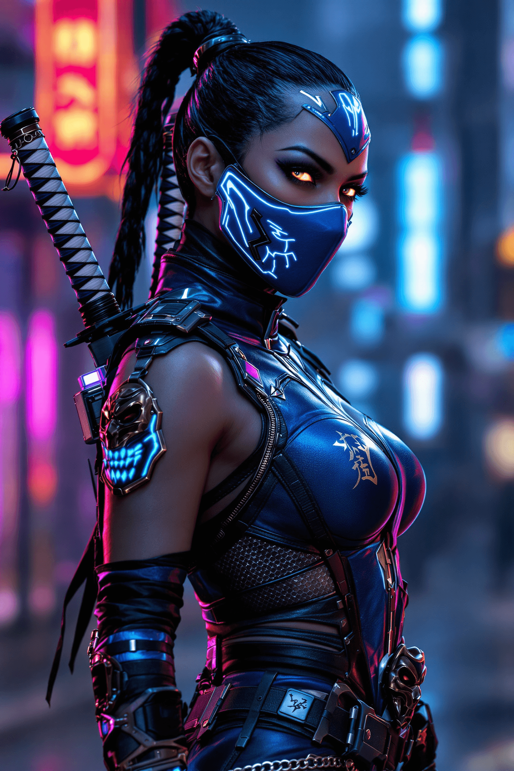 AI generated: tra high detail, hyper-realistic close-up portrait of Kitana from Mortal Kombat with a strong cyberp...
