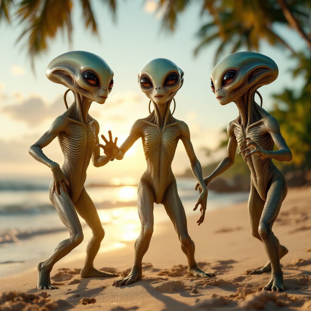 AI generated: A video of three hyper-realistic, highly detailed aliens dancing the Macarena on a beach in Costa Ri...