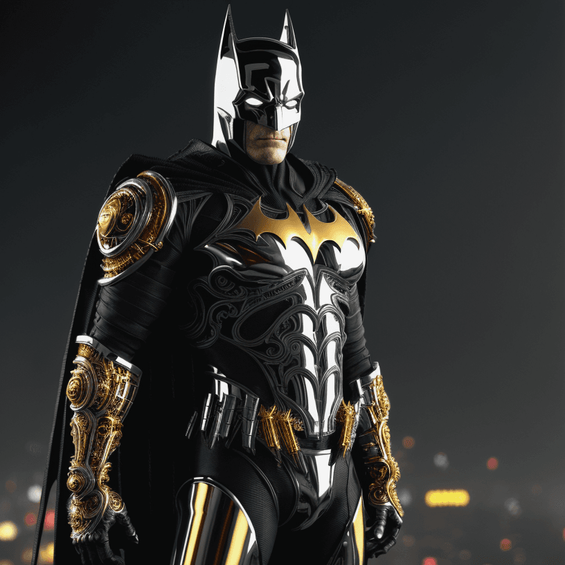 AI generated: octane render of cyberpunk batman by Tsutomu nihei, looking at the camera, (chrome silk with intrica...