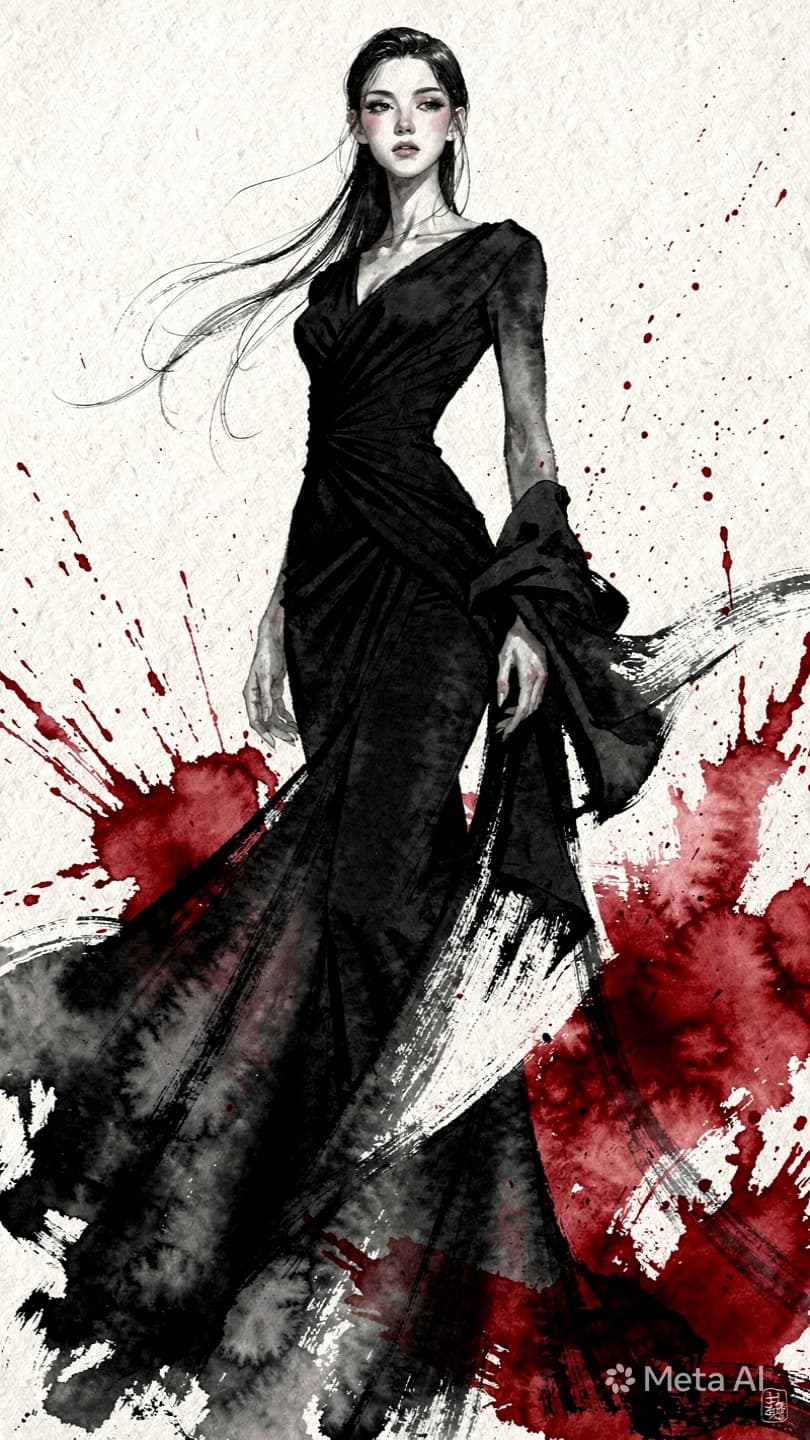 AI generated: Traditional Japanese sumi-e ink illustration fused with avant-garde fashion editorial aesthetics, de...