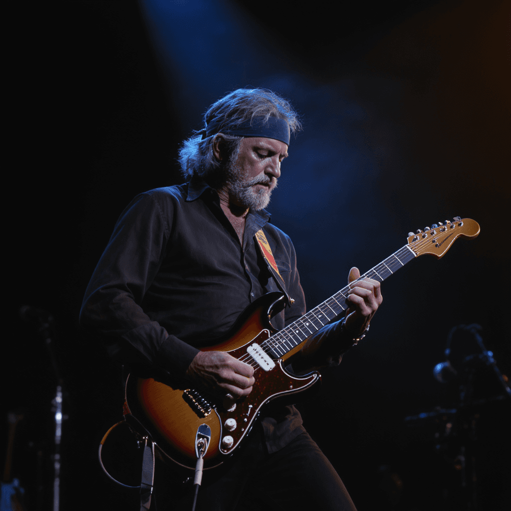 AI generated: Mark Knopfler performing live on stage in the 1980s, wearing a headband, playing electric guitar in ...