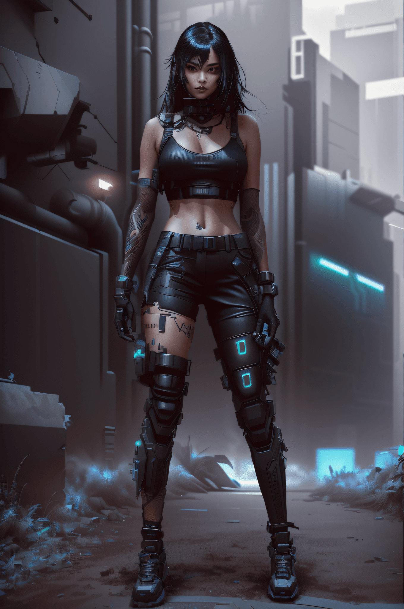 AI generated: a close up of a person in a black outfit with a gun, cyberpunk outfit, all black cyberpunk clothes, ...