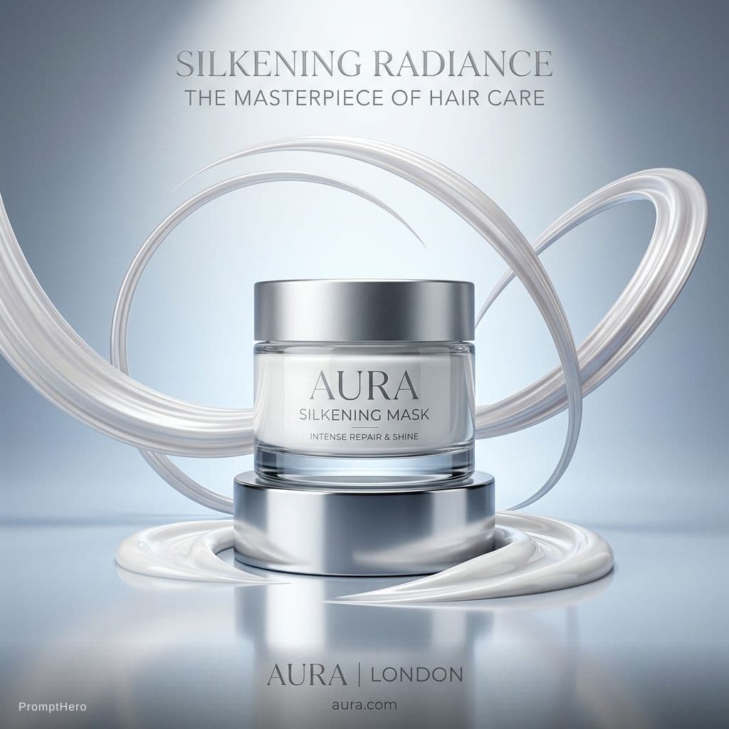 AI generated: Premium advertising banner for a hair mask jar, single centered hero product, ultra-minimalist compo...
