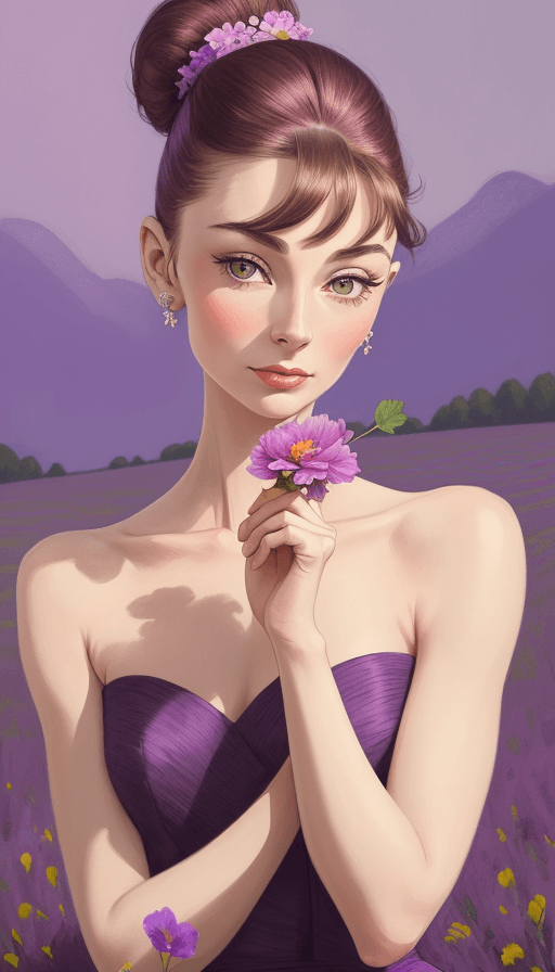AI generated: A picture of a beautiful woman holding a vibrant flower, inspired by Audrey Hepburn, piercing eyes d...