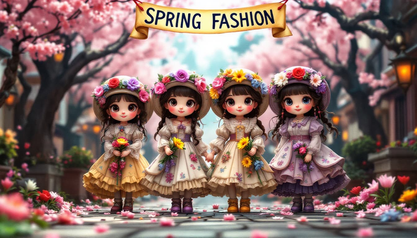 AI generated: full body shot, extremely detailed Victorian spring fashion four chibi girls intricate eyes pretty s...