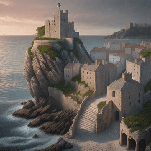 AI generated: perspective, curious old secret town of king's landing in GOT, seascape, cascading houses, stairs, f...