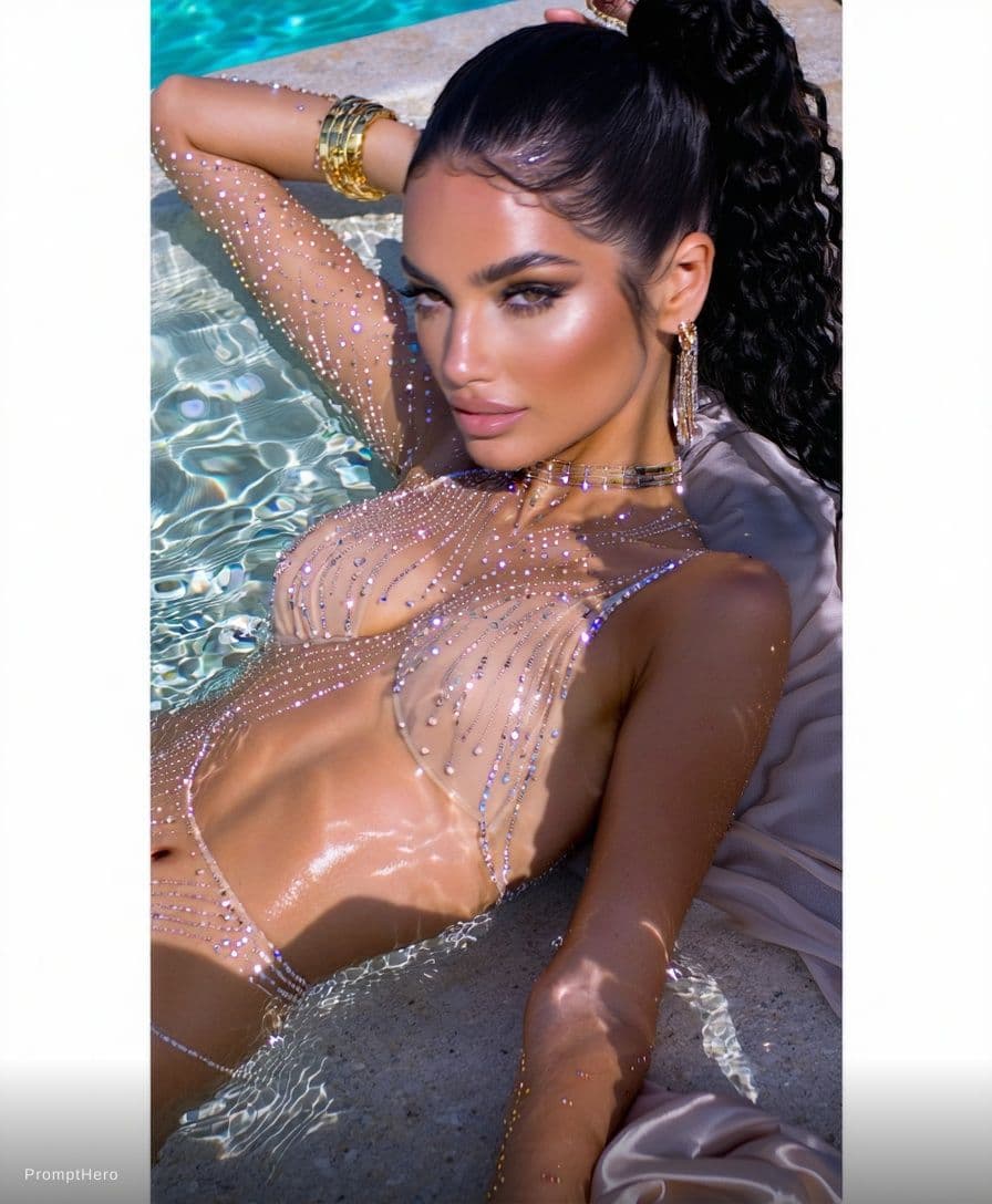 AI generated: She reclines on slick limestone at the edge of a turquoise infinity pool, skin kissed with waterligh...