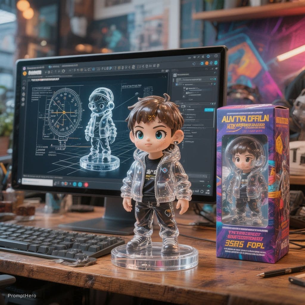 AI generated: Transforming the photographed person into a realistic 3D figurine in front of a computer desk. The c...