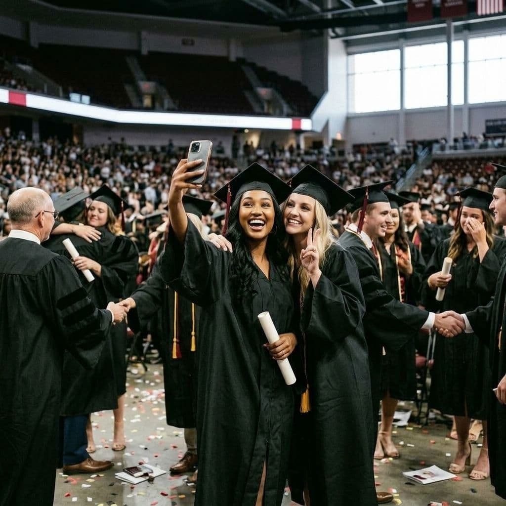 AI generated: Candid, hyper-realistic, taking pictures and saying goodbye to classmates after college graduation c...