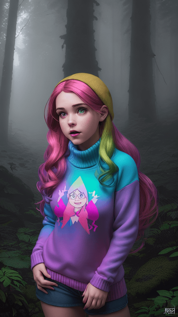 AI generated: (HDR1:1)Mabel Pines In favorite sweater, from Gravity Falls, captured in an epic photoart in the sty...