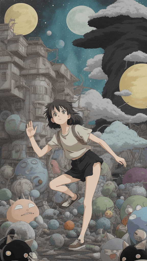 AI generated: one Studio Ghibli 16k4d rfktrstyle"In a disordered pose in a chaotic background" <lora:Vut_out_XL_MU...