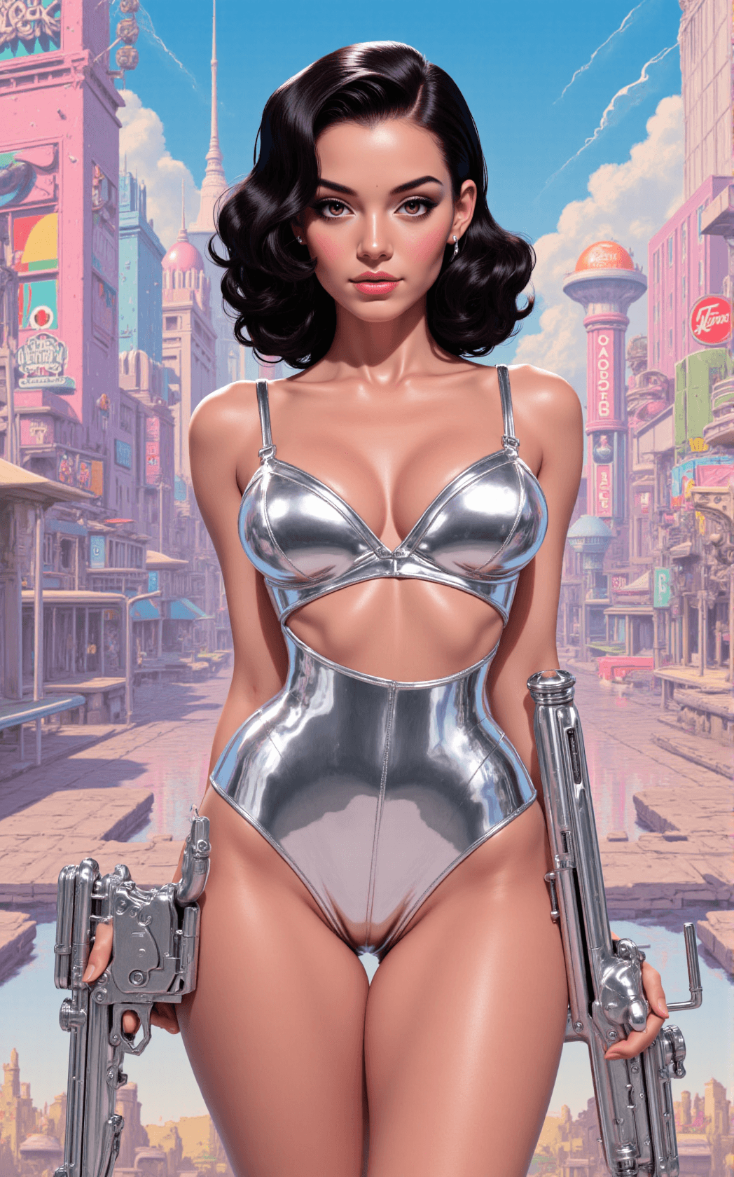 AI generated: A recognizable young female with a sculpted hourglass silhouette stands confidently, her glossy rave...