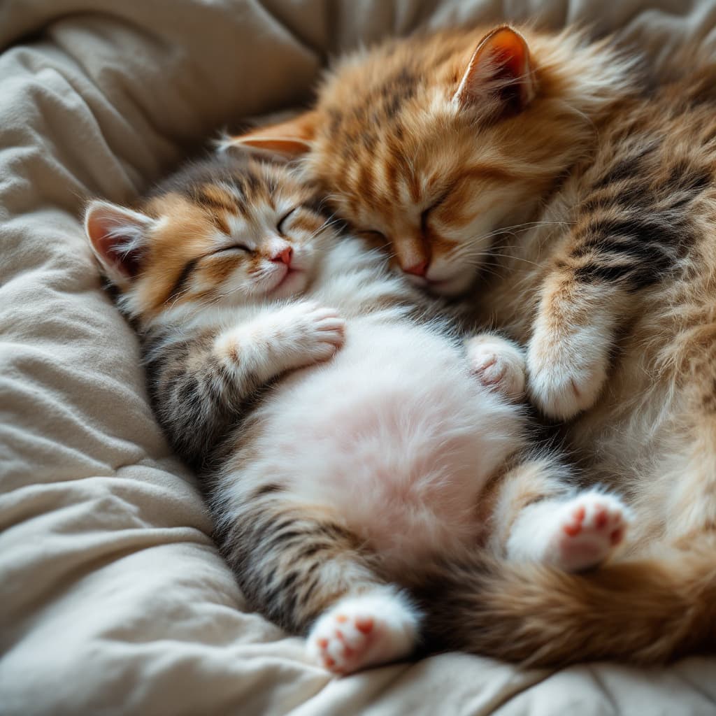 AI generated: a picture of a fluffy kitten on it's back laying against it's mother , with a big belly and asleep ,...