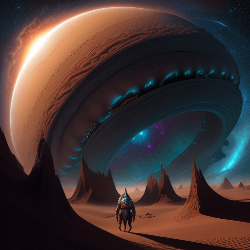 AI generated: Dune enormous big monster in desert, scary teeth, surrounded by galaxies and stars, creating an othe...
