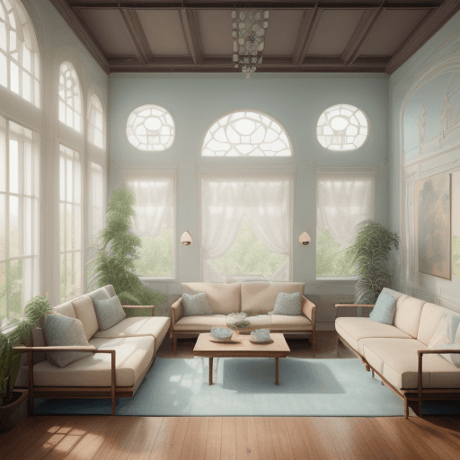 AI generated: High resolution photography interior design, dreamy sunken living room conversation pit, wooden floo...