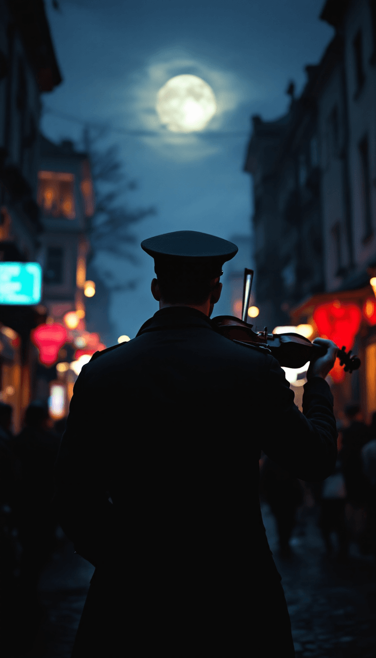 AI generated: BACK VIEW, male violinist, in the 1970s,auswitsch street, army clothes, sad mood,dark cabaret,world ...