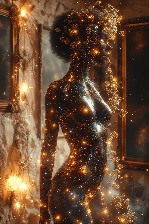 AI generated: arafed woman in a black bodysuit with gold stars, a hologram by Cosmo Alexander, cgsociety, afrofutu...