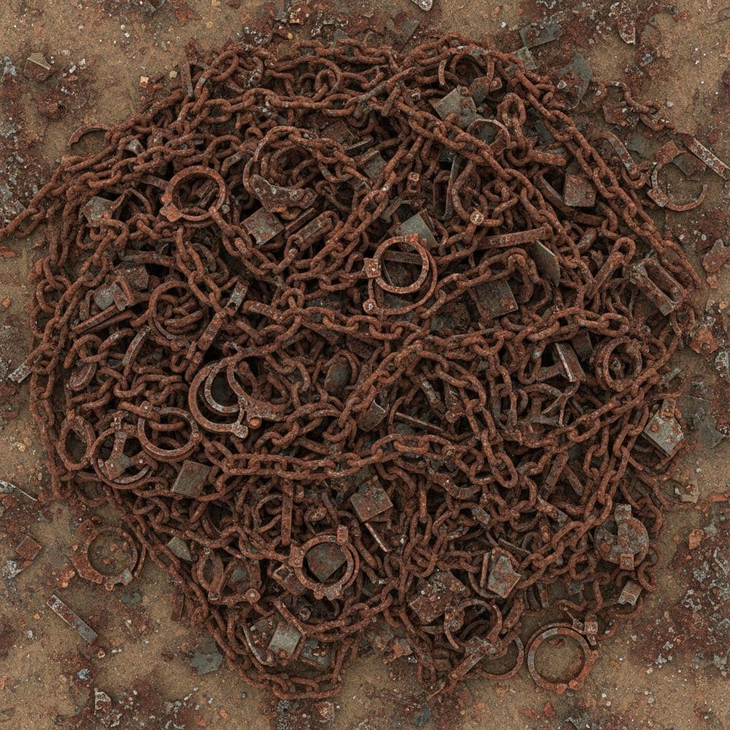 AI generated: Pile of rusty chains and broken shackles, seamless 3D render