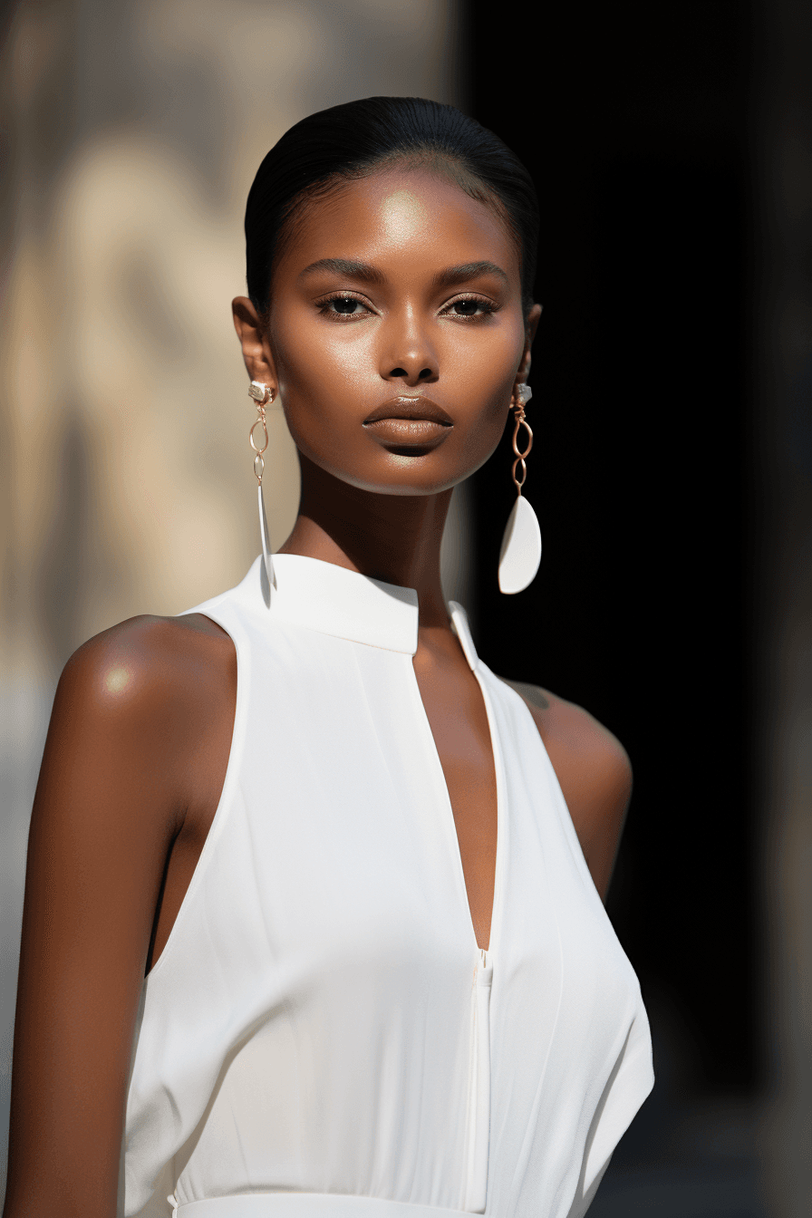 AI generated: A closeup photo of a minimal modern fashion show model wearing a white outfit with large gold earrin...