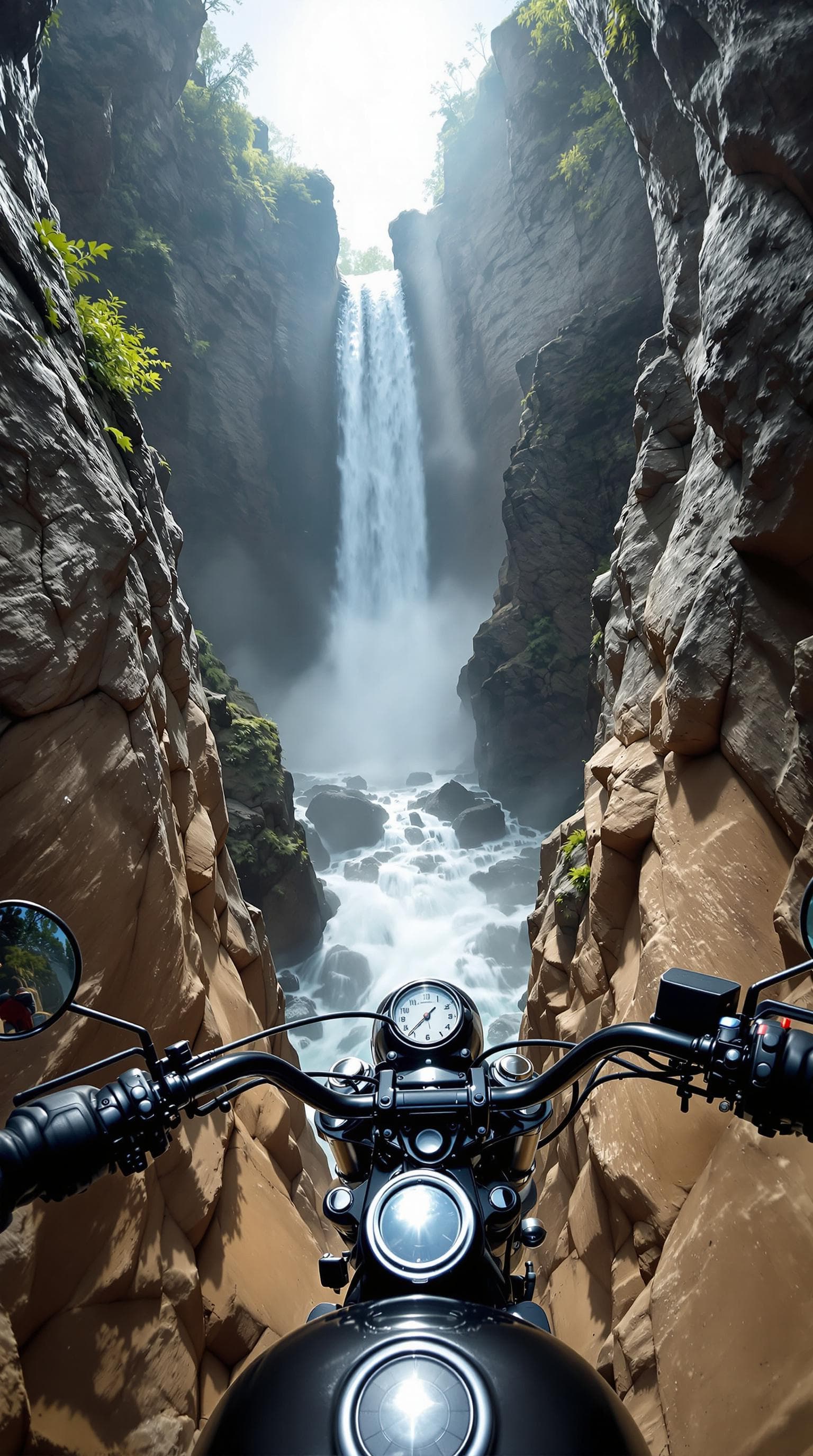 AI generated: POV helmet camera shot of a Harley-Davidson Iron 883 rider descending a fractured walkway carved int...