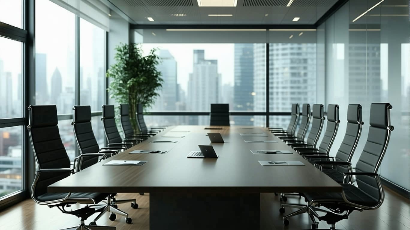 AI generated: /imagine prompt: Photorealistic conference room at 8K resolution, 45-year-old Caucasian CEO (skin po...