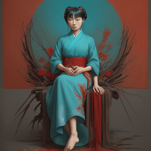 AI generated: A painting of an Asian woman with his hand tied, barefoot tied together, in the style of precisionis...