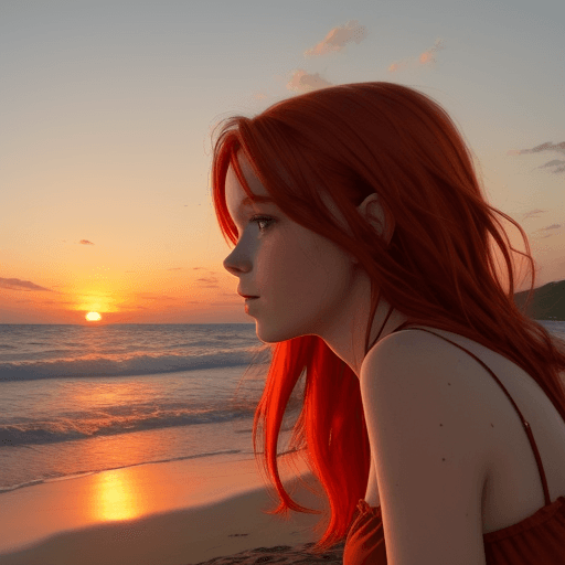 AI generated: girl red hair in sunset on a beach