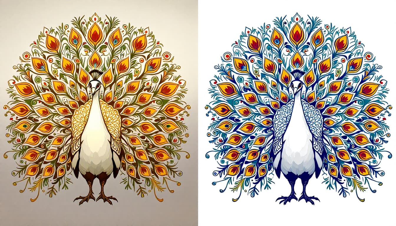 AI generated: Generate an image with a colored illustration of 'majestic peacock spreading its feathers' on the le...