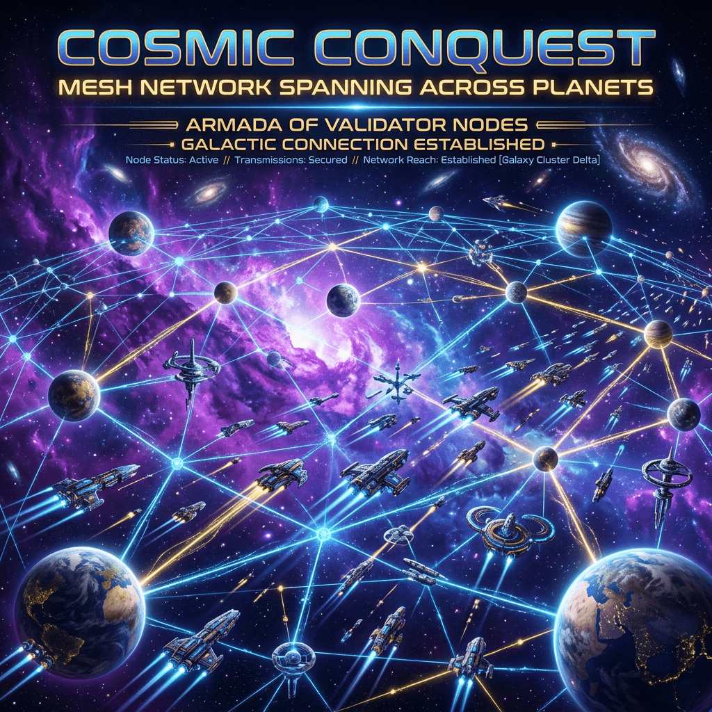 AI generated: "Cosmic conquest, mesh network spanning across planets, armada of validator nodes, deep space nebula...
