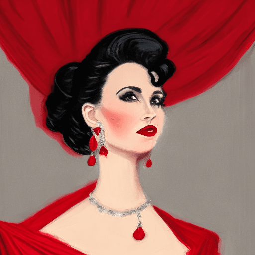 AI generated: A woman with dark hair in an elegant updo, wearing a red deep V-neck gown, bold red lipstick, and da...