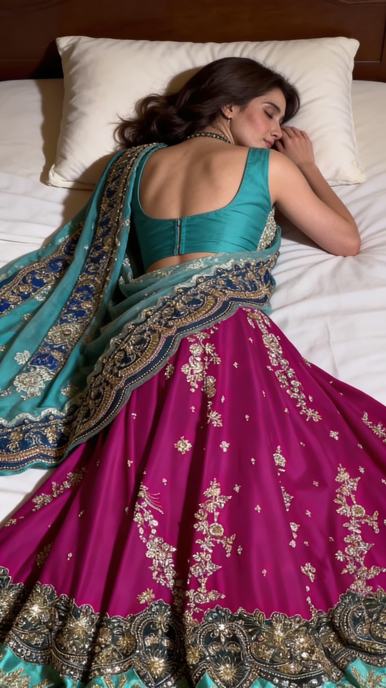 AI generated: Create a High Ultra Realistic picture as this Pakistani blogger Umara is sleeping face down lying on...