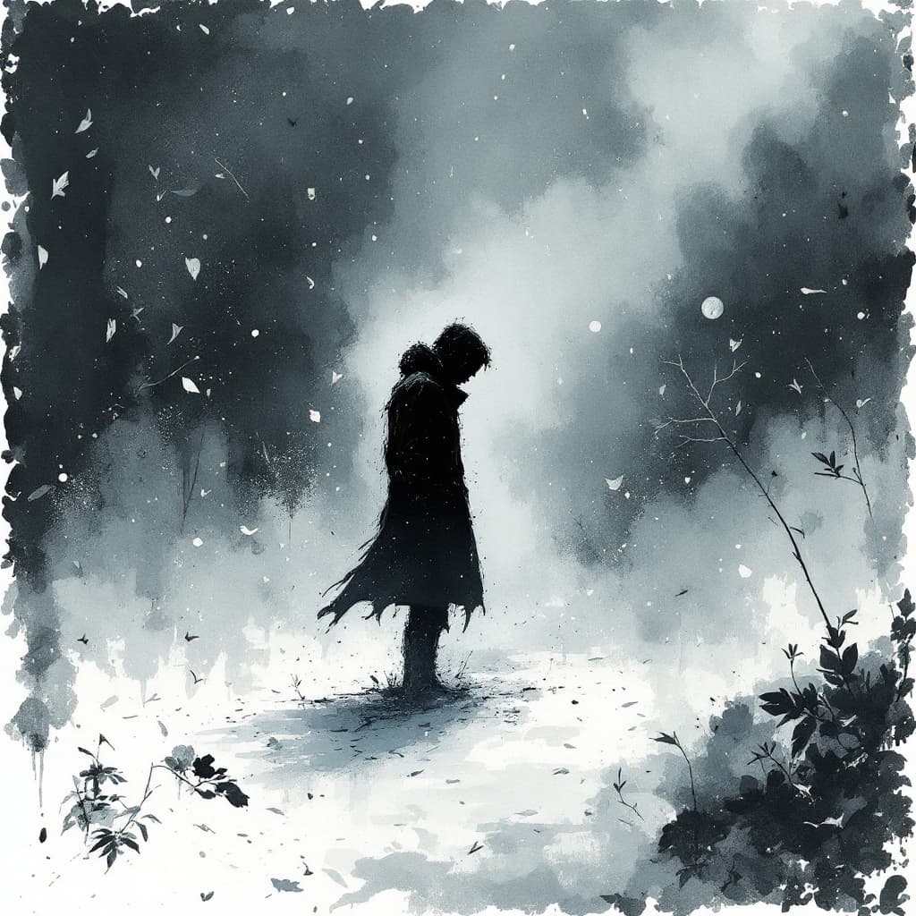 AI generated: an wet ink, charcoal sketch painting of a frozen winter night, December's biting cold, lone figure (...